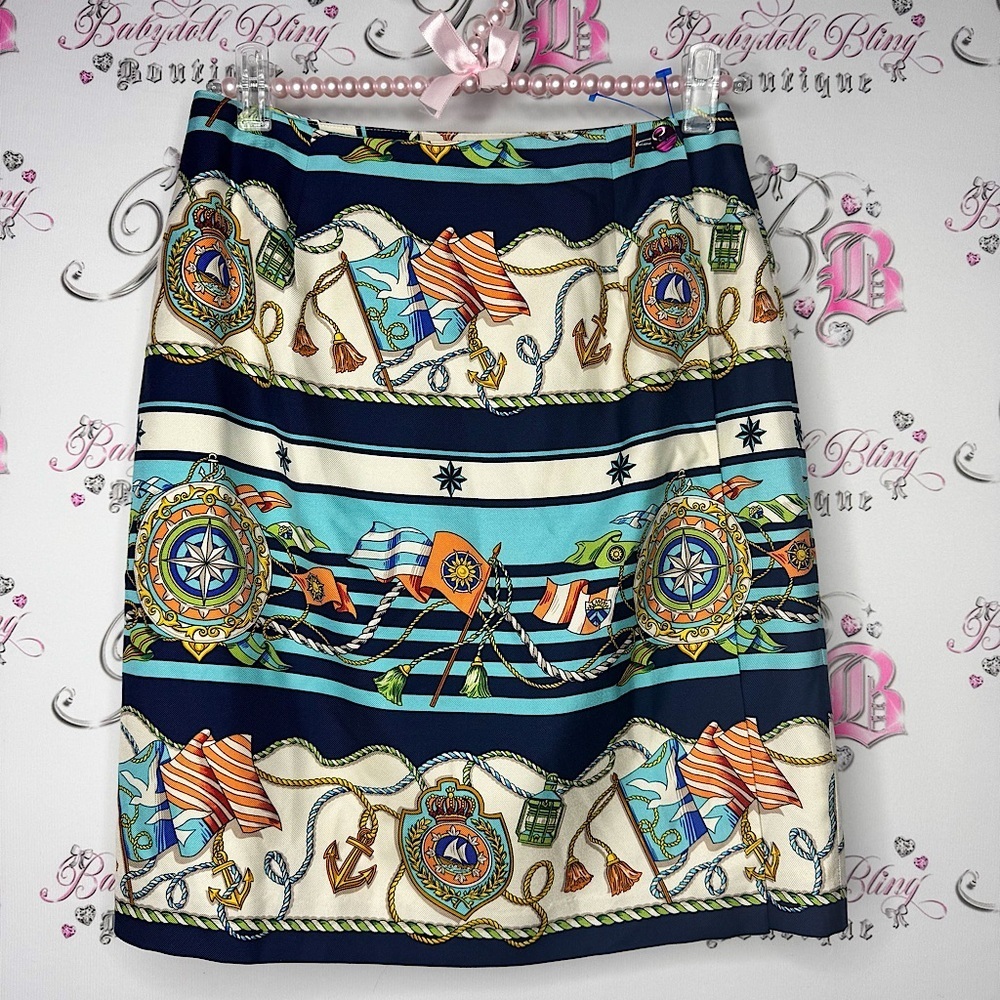 Talbots skirt silk nautical ocean water sailing striped wrap skirt blue cream